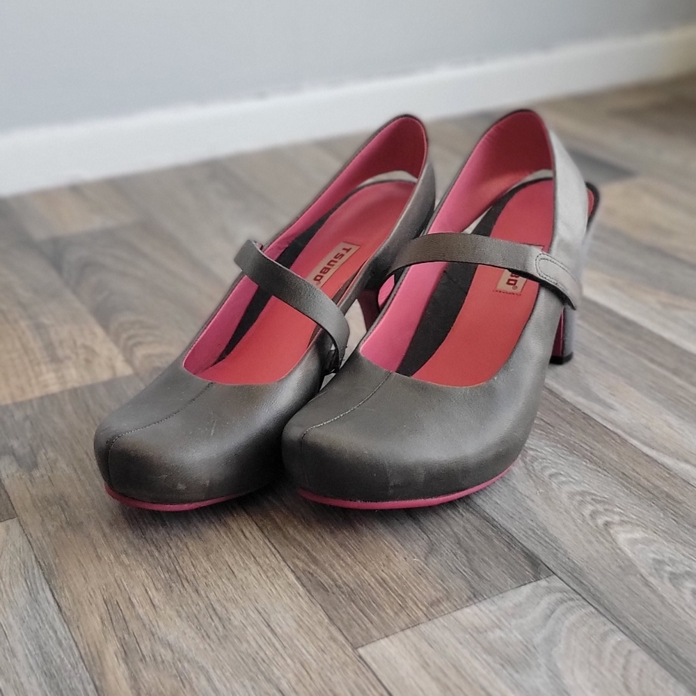 Grey/brown Tsubo leather sling back Mary Jane heels - Picture 6 of 6